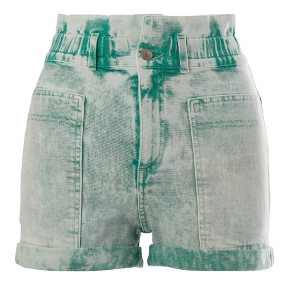 Stella McCartney Green Denim Jean Women Cuffed Paper Bag Shorts